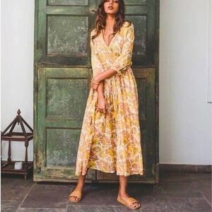 Voloshin Dress Boho Floral Midi Kamala Cross Front Faux Wrap Print Womens Medium